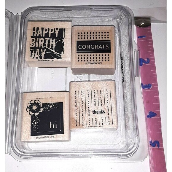 Stamp Set Stampin' Up! Four Square Wood Mount Happy Birthday Thanks Hi Congrats - Picture 1 of 4